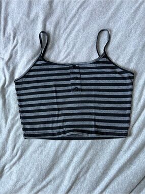 Striped Black and Gray Cropped Tank Top with Button Front